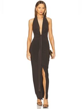 NEW - Norma Kamali - Tie Front Halter Gown in Espresso